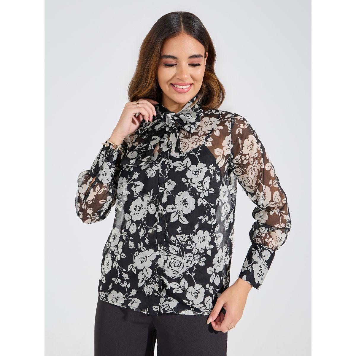طقم منسق من بنطال سادة مع بلوزة بطبعة زهور-women-clothing-coordsets-image-3