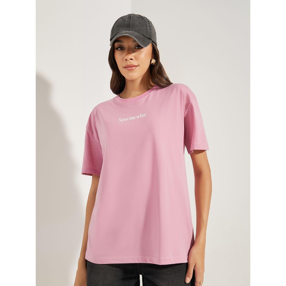 تيشيرت فضفاض مطبع بكتابة مع اكتاف منخفضة-women-clothing-tshirts-image-3