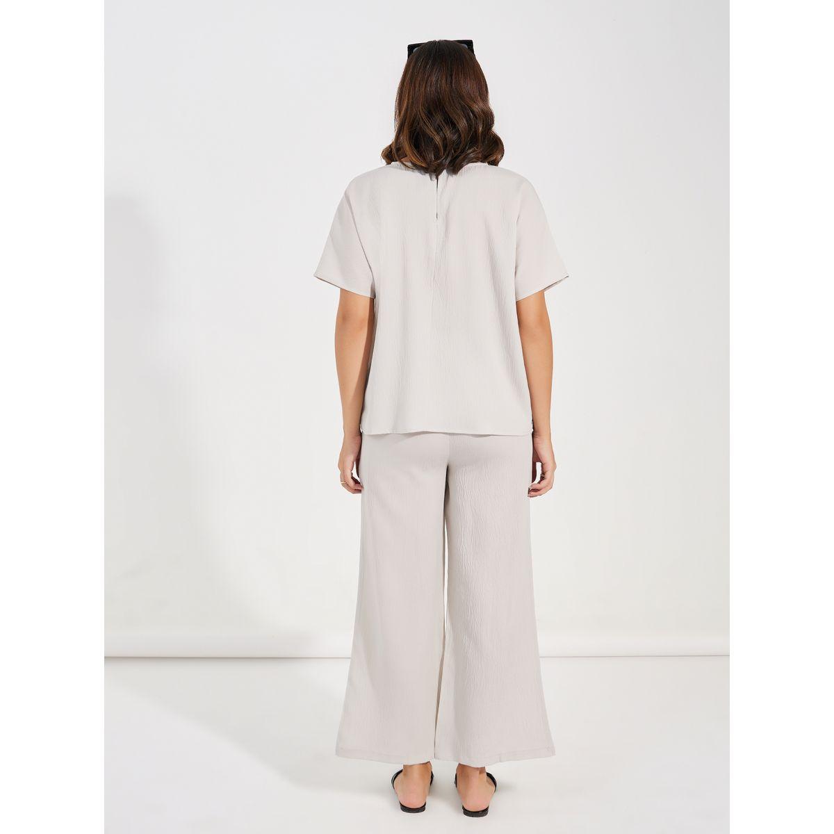 طقم منسق من بنطال واسع مع بلوزة بياقة دائرية-women-clothing-coordsets-image-4