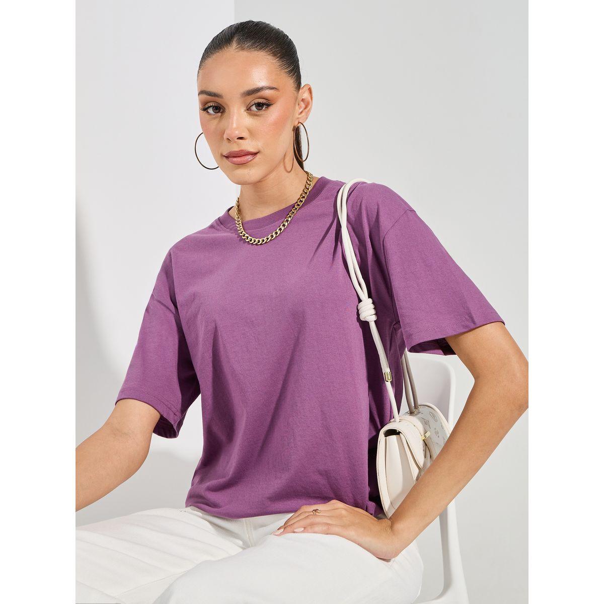 تيشيرت فضفاض سادة باكتاف منخفضة-women-clothing-tshirts-image-1