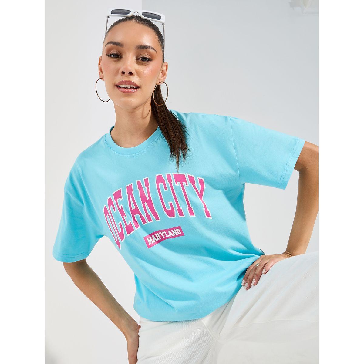 تيشيرت فضفاض مطبع بكتابة مع ياقة دائرية-women-clothing-tshirts-image-1