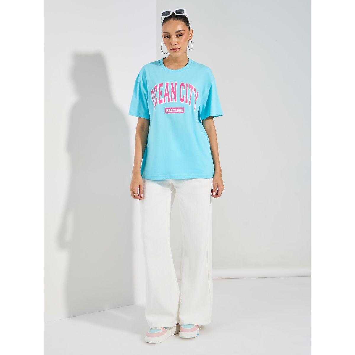 تيشيرت فضفاض مطبع بكتابة مع ياقة دائرية-women-clothing-tshirts-image-2