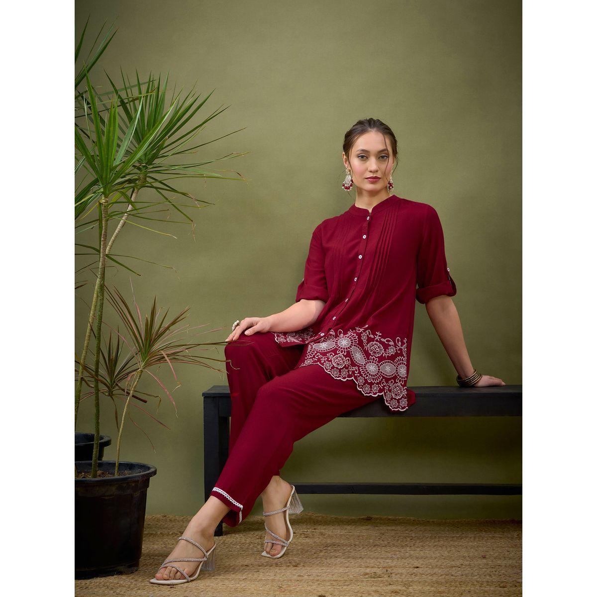 Sassafras X Styli   Embroidered Hem Shirt with Roll Up Sleeves & Pants Co-Ord-women-clothing-coordsets-image-2