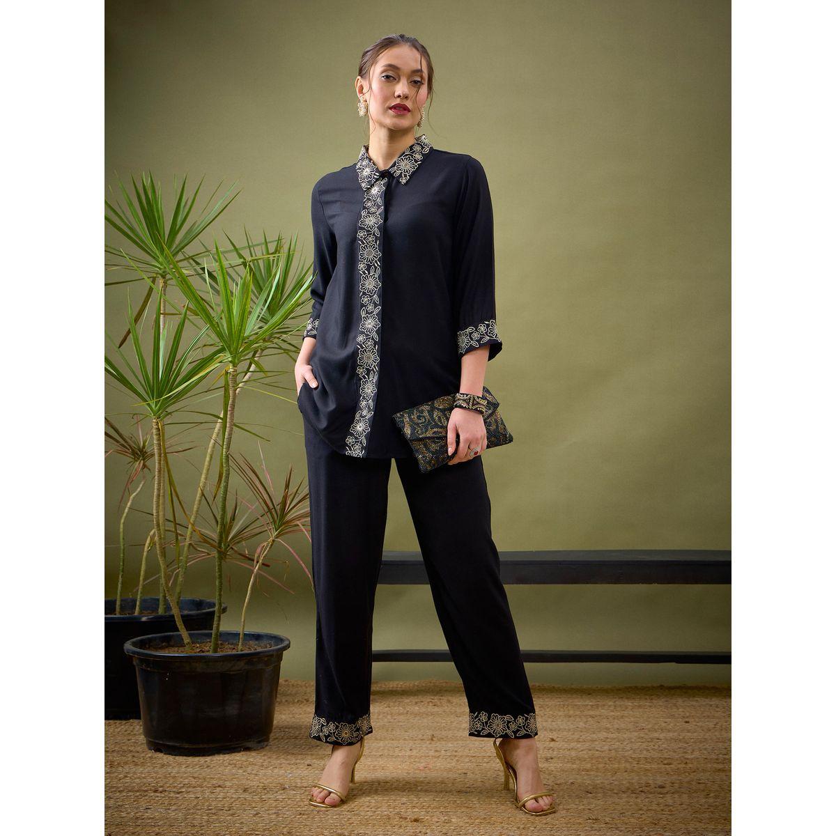 Sassafras X Styli   Embroidered Placket Shirt & Pants Co-Ord-women-clothing-coordsets-image-1