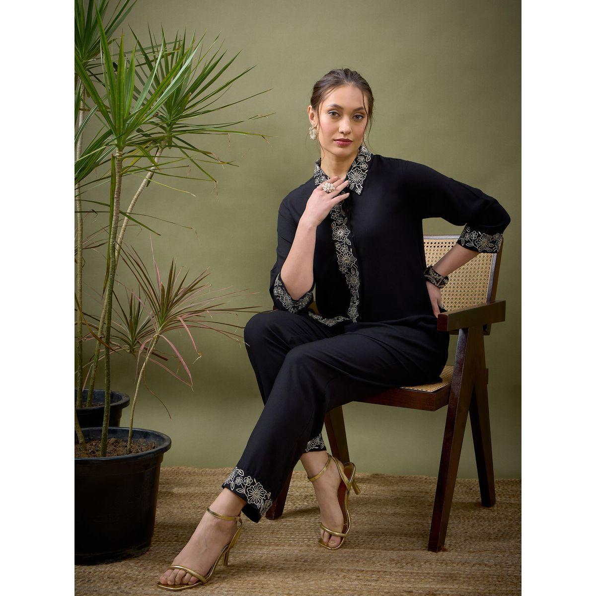 Sassafras X Styli   Embroidered Placket Shirt & Pants Co-Ord-women-clothing-coordsets-image-2