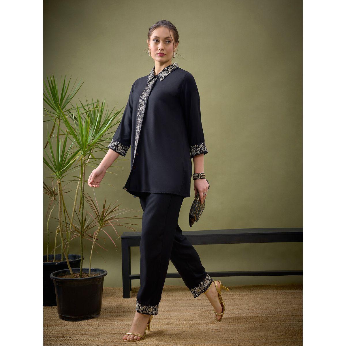Sassafras X Styli   Embroidered Placket Shirt & Pants Co-Ord-women-clothing-coordsets-image-3