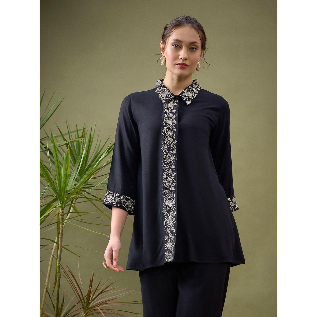 Sassafras X Styli   Embroidered Placket Shirt & Pants Co-Ord-women-clothing-coordsets-image-7
