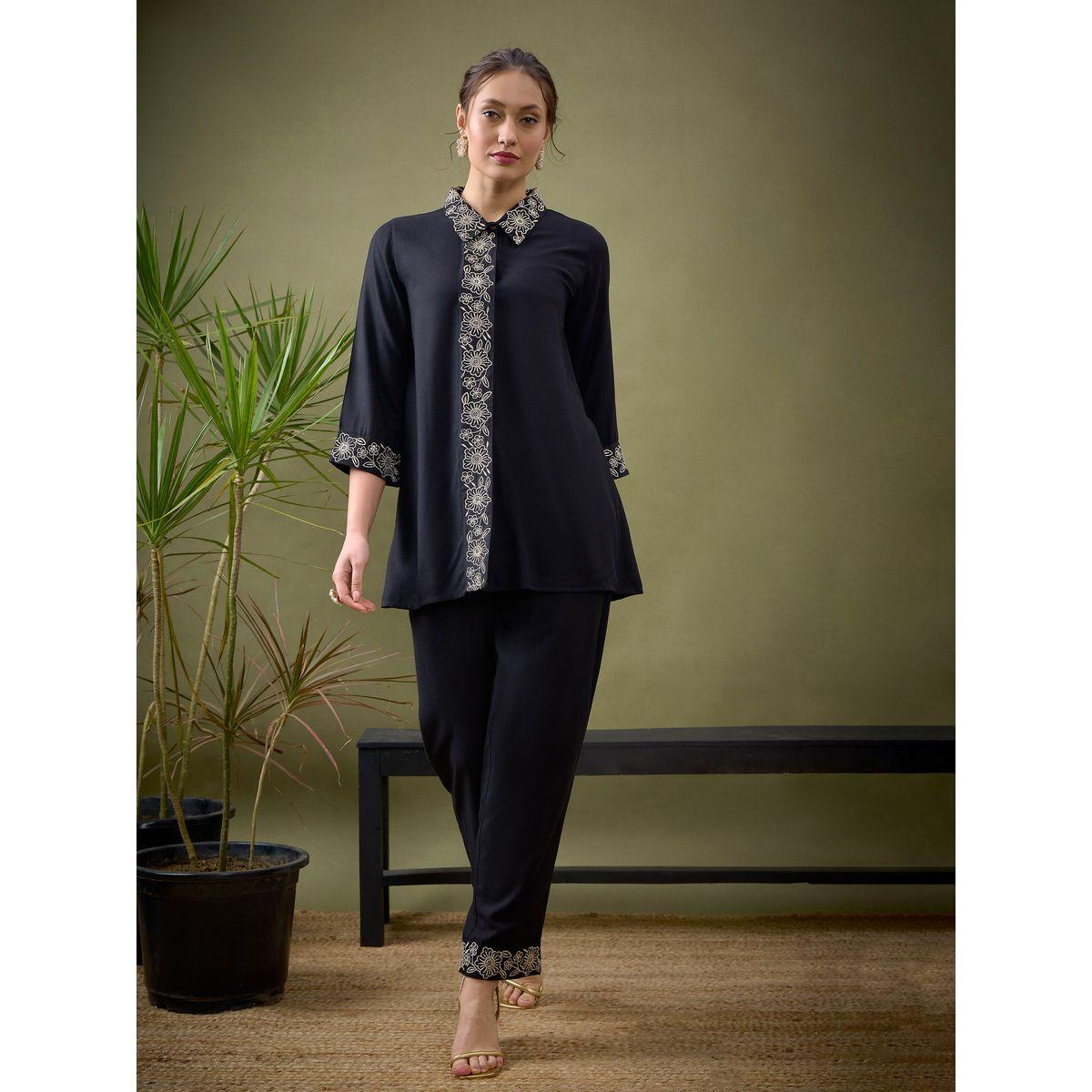 Sassafras X Styli   Embroidered Placket Shirt & Pants Co-Ord-women-clothing-coordsets-image-8