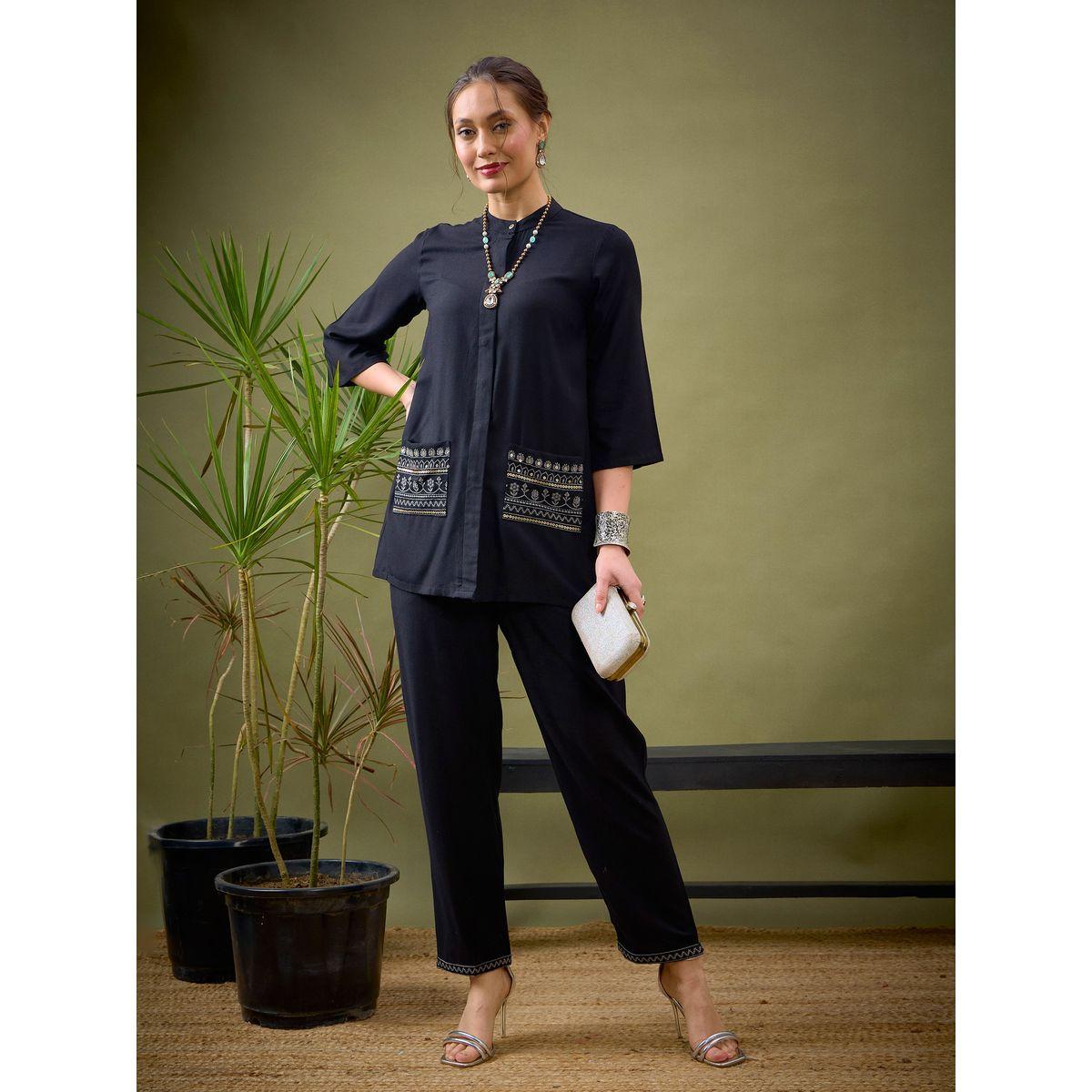 مجموعة من بنطال بالازو مع بلوزة بجيوب مُطرزة ساسافراس × ستايلي-women-clothing-coordsets-image-2