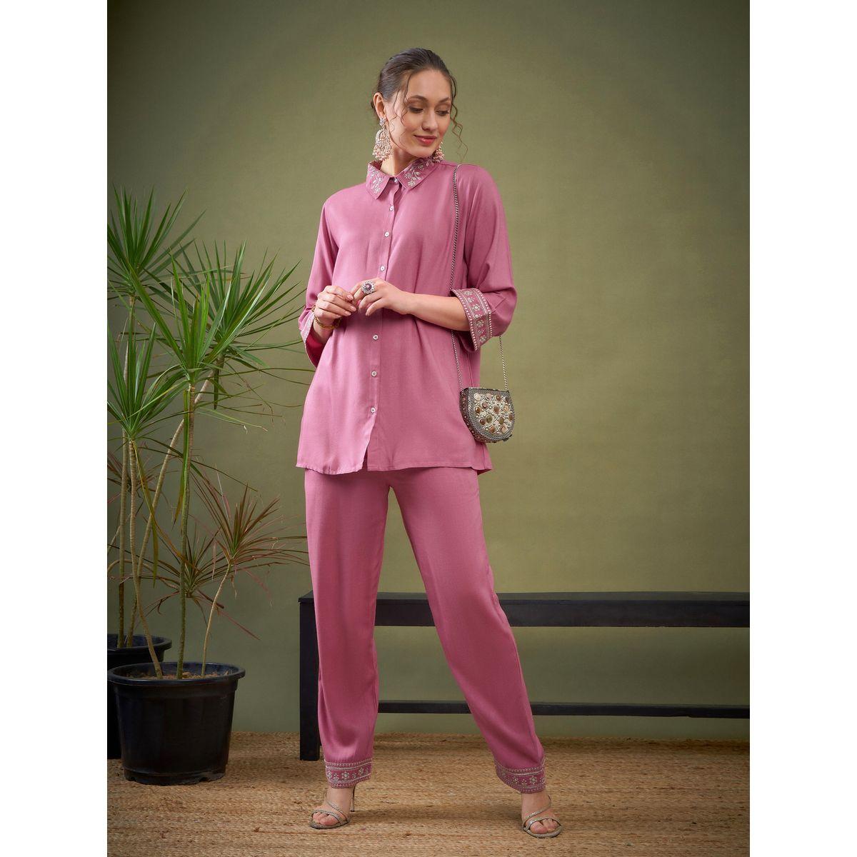 Sassafras X Styli   Embroidered Hem Shirt & Pants Co-Ord-women-clothing-coordsets-image-1