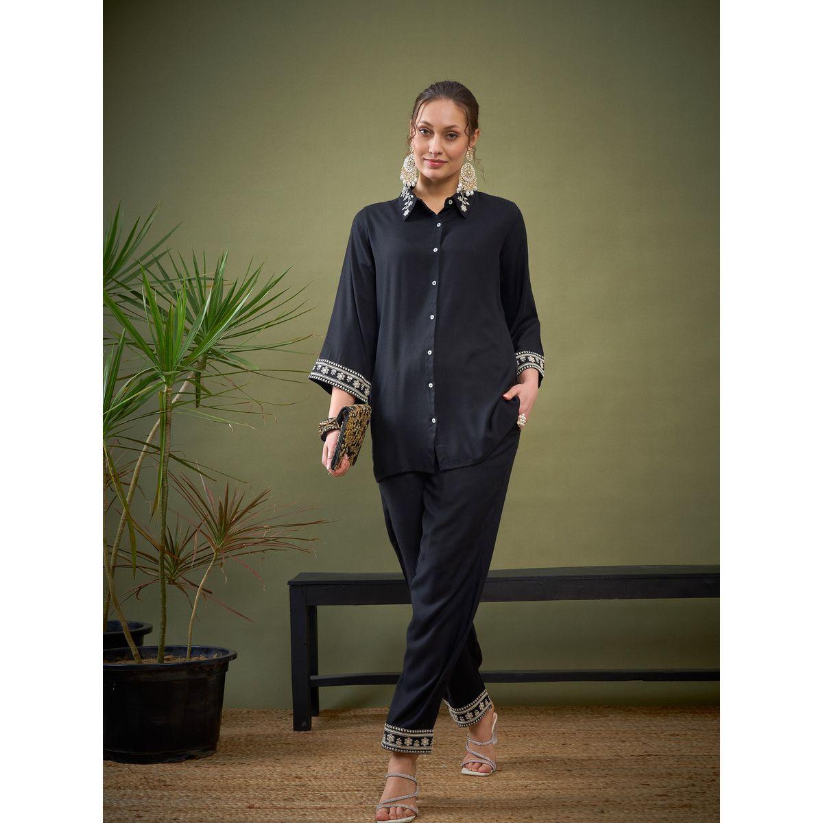 Sassafras X Styli   Embroidered Hem Shirt with Long Sleeves & Pants Co-Ord-women-clothing-coordsets-image-1