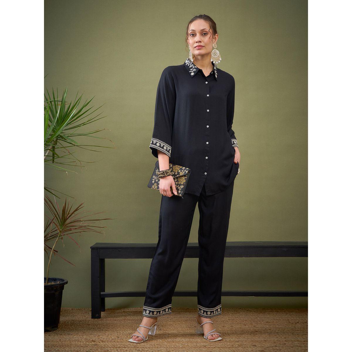 Sassafras X Styli   Embroidered Hem Shirt with Long Sleeves & Pants Co-Ord-women-clothing-coordsets-image-2