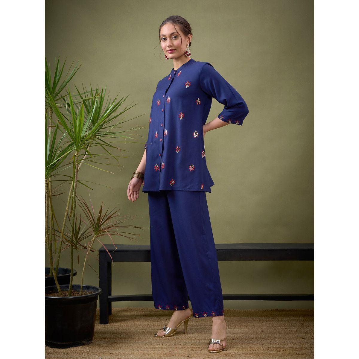 Sassafras X Styli   Floral Embroidered Front Shirt & Wide Leg Pants Co-Ord-women-clothing-coordsets-image-3