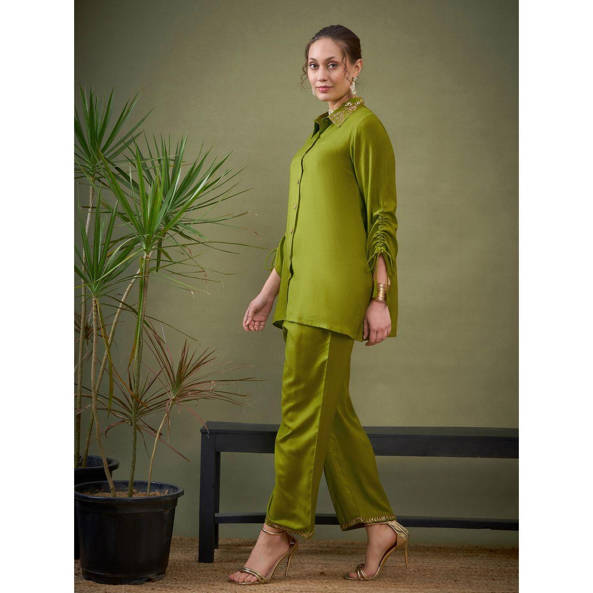 Sassafras X Styli   Embroidered Collar Shirt & Pants Co-Ord-women-clothing-coordsets-image-3