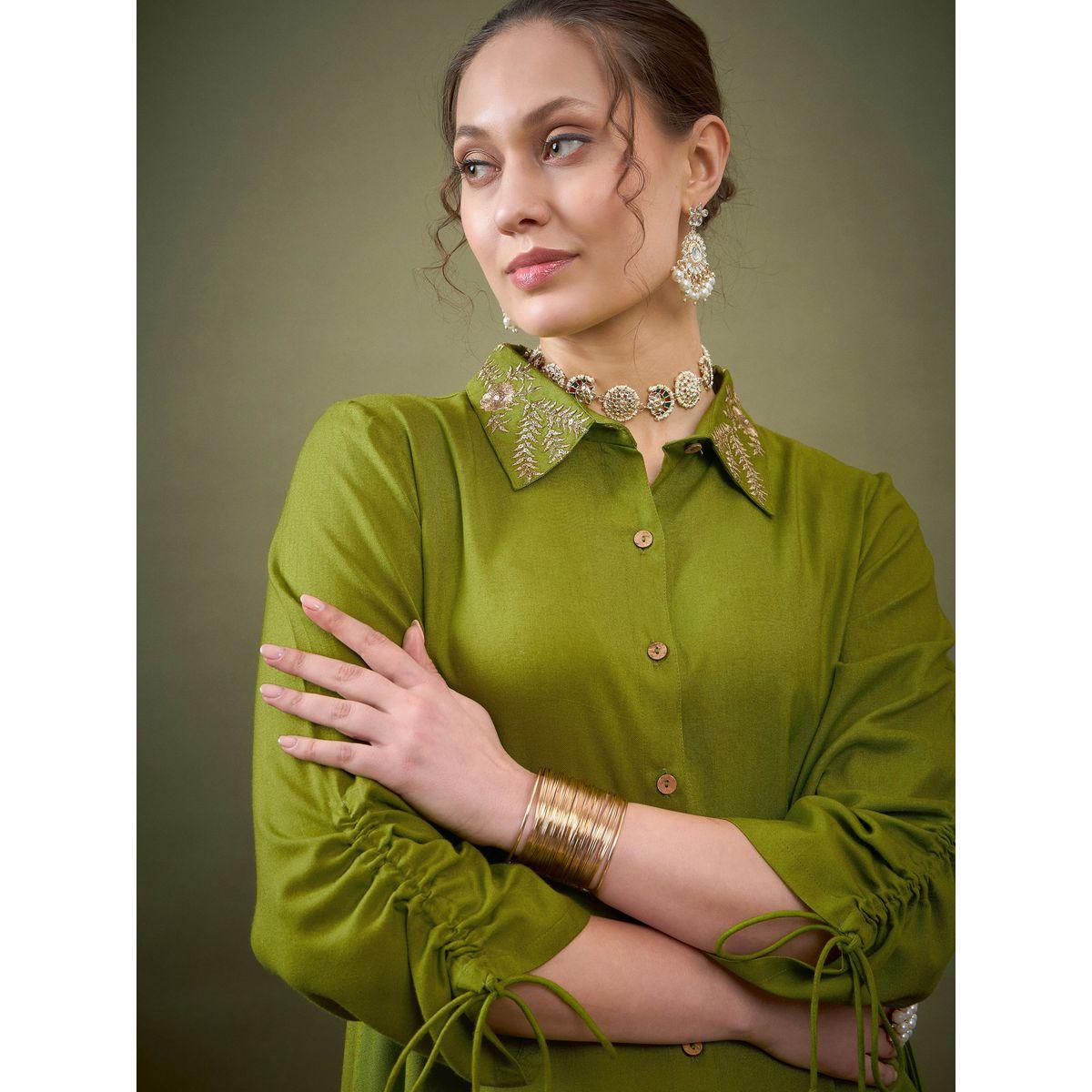 Sassafras X Styli   Embroidered Collar Shirt & Pants Co-Ord-women-clothing-coordsets-image-4