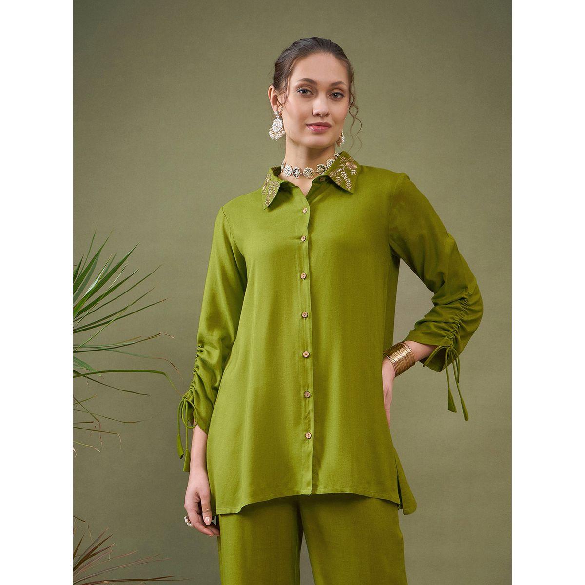 Sassafras X Styli   Embroidered Collar Shirt & Pants Co-Ord-women-clothing-coordsets-image-7