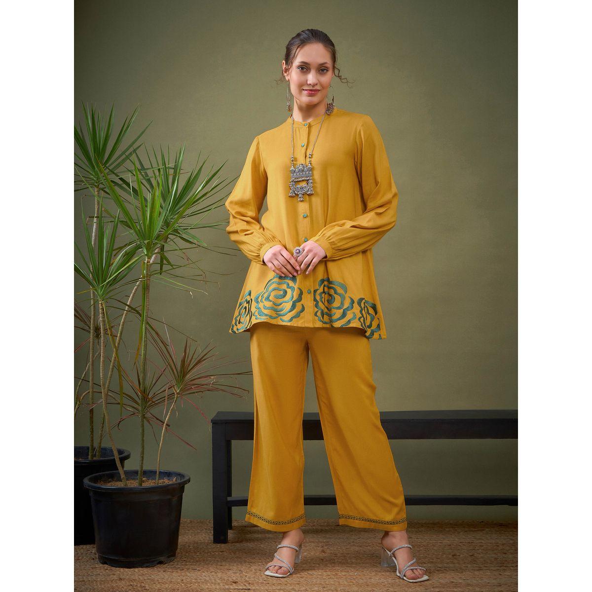 Sassafras X Styli   Embroidered Hem Shirt with Long Sleeves & Pants Co-Ord-women-clothing-coordsets-image-1