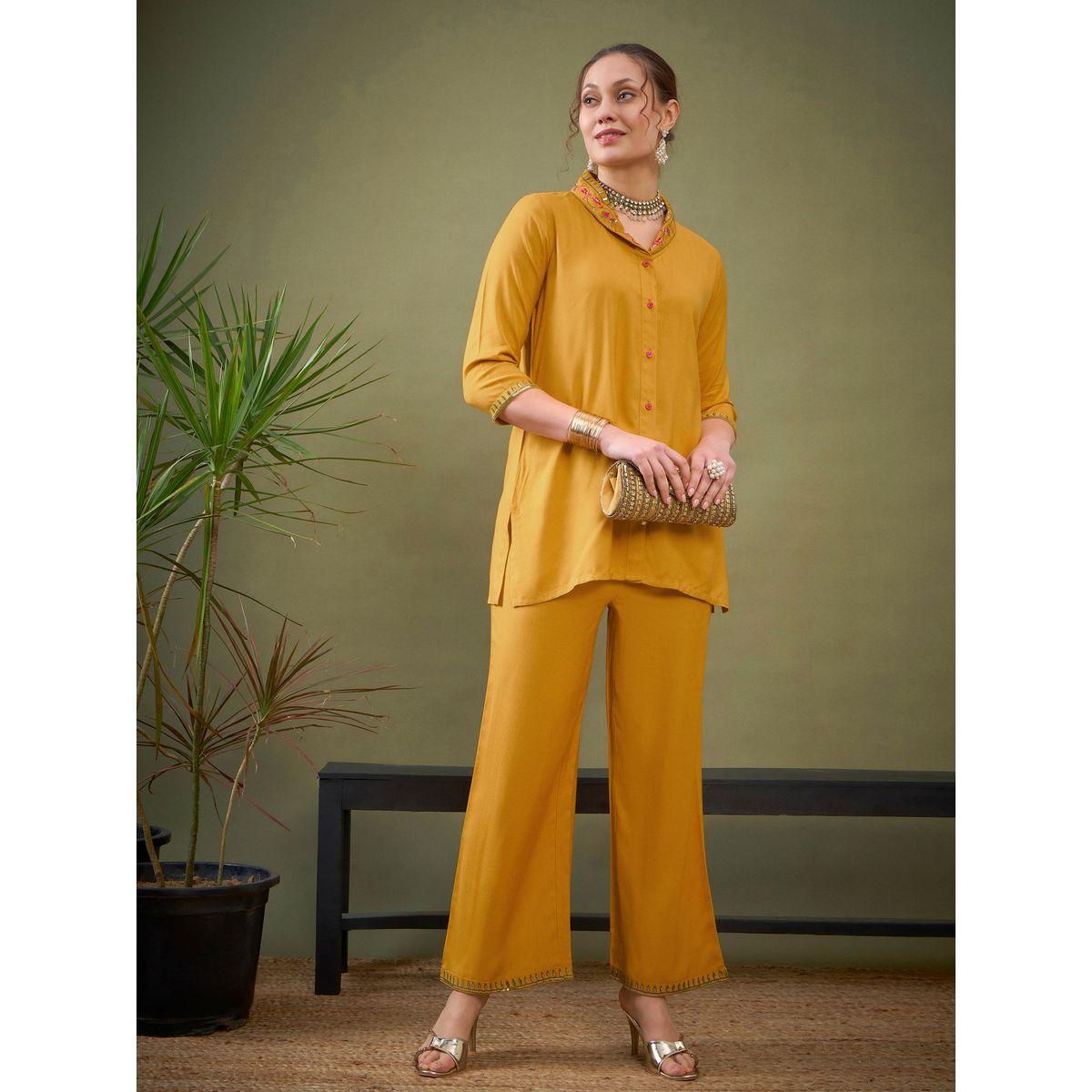 Sassafras X Styli   Shawl Collar Embroidered Shirt & Palazzo Set-women-clothing-coordsets-image-1