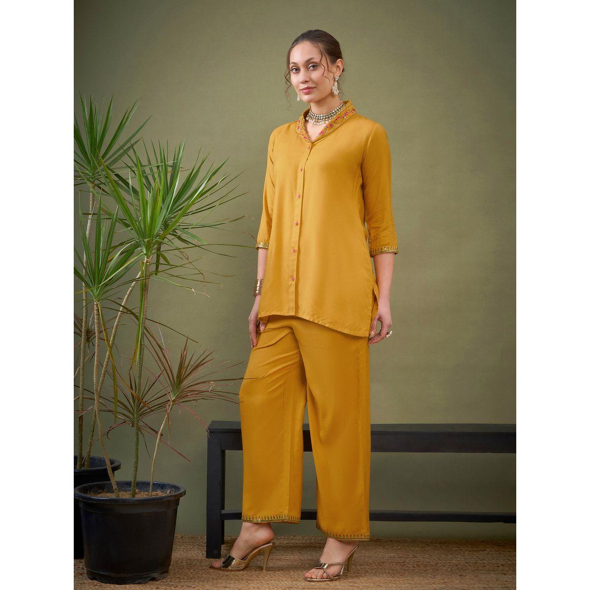 Sassafras X Styli   Shawl Collar Embroidered Shirt & Palazzo Set-women-clothing-coordsets-image-3