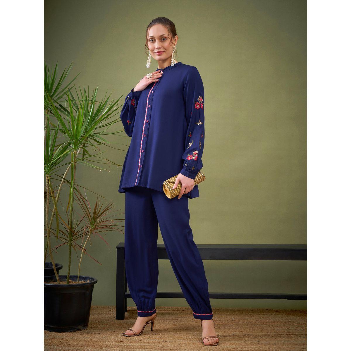 Sassafras X Styli   Floral Embroidered Sleeve Shirt & Pants Co-Ord-women-clothing-coordsets-image-1