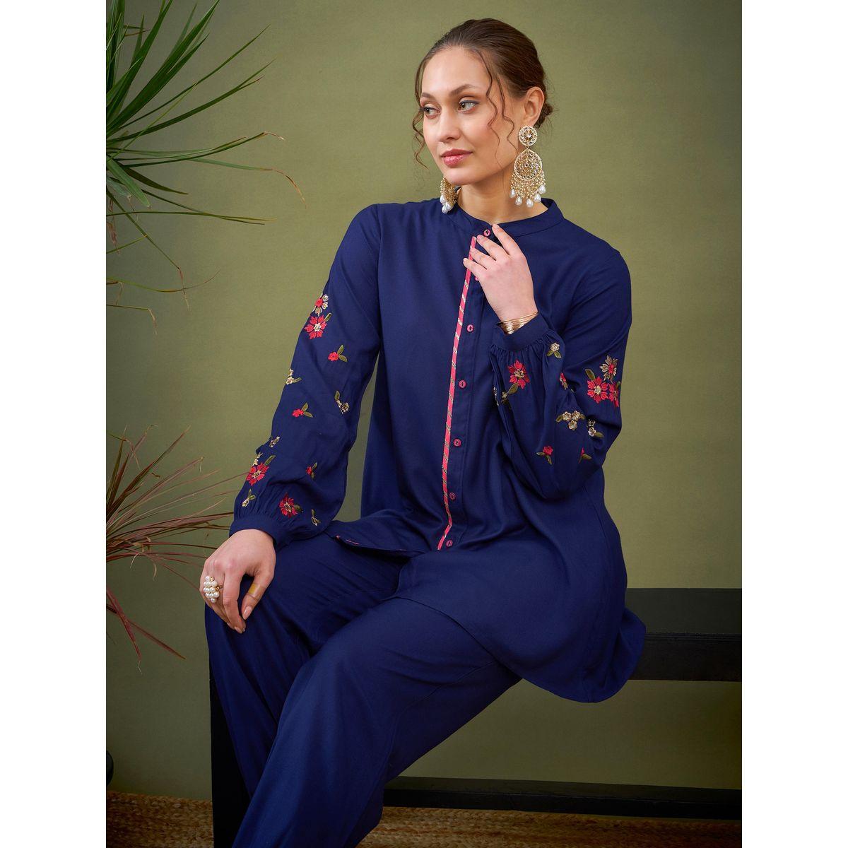 Sassafras X Styli   Floral Embroidered Sleeve Shirt & Pants Co-Ord-women-clothing-coordsets-image-2