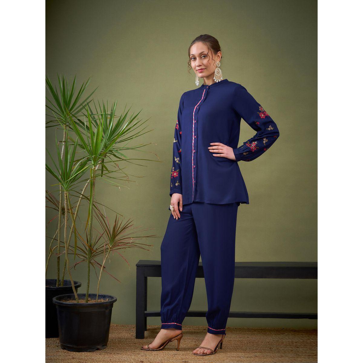 Sassafras X Styli   Floral Embroidered Sleeve Shirt & Pants Co-Ord-women-clothing-coordsets-image-3