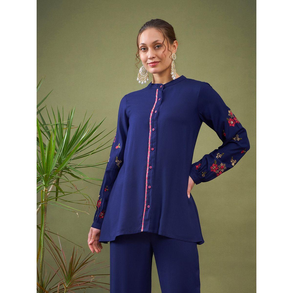Sassafras X Styli   Floral Embroidered Sleeve Shirt & Pants Co-Ord-women-clothing-coordsets-image-7