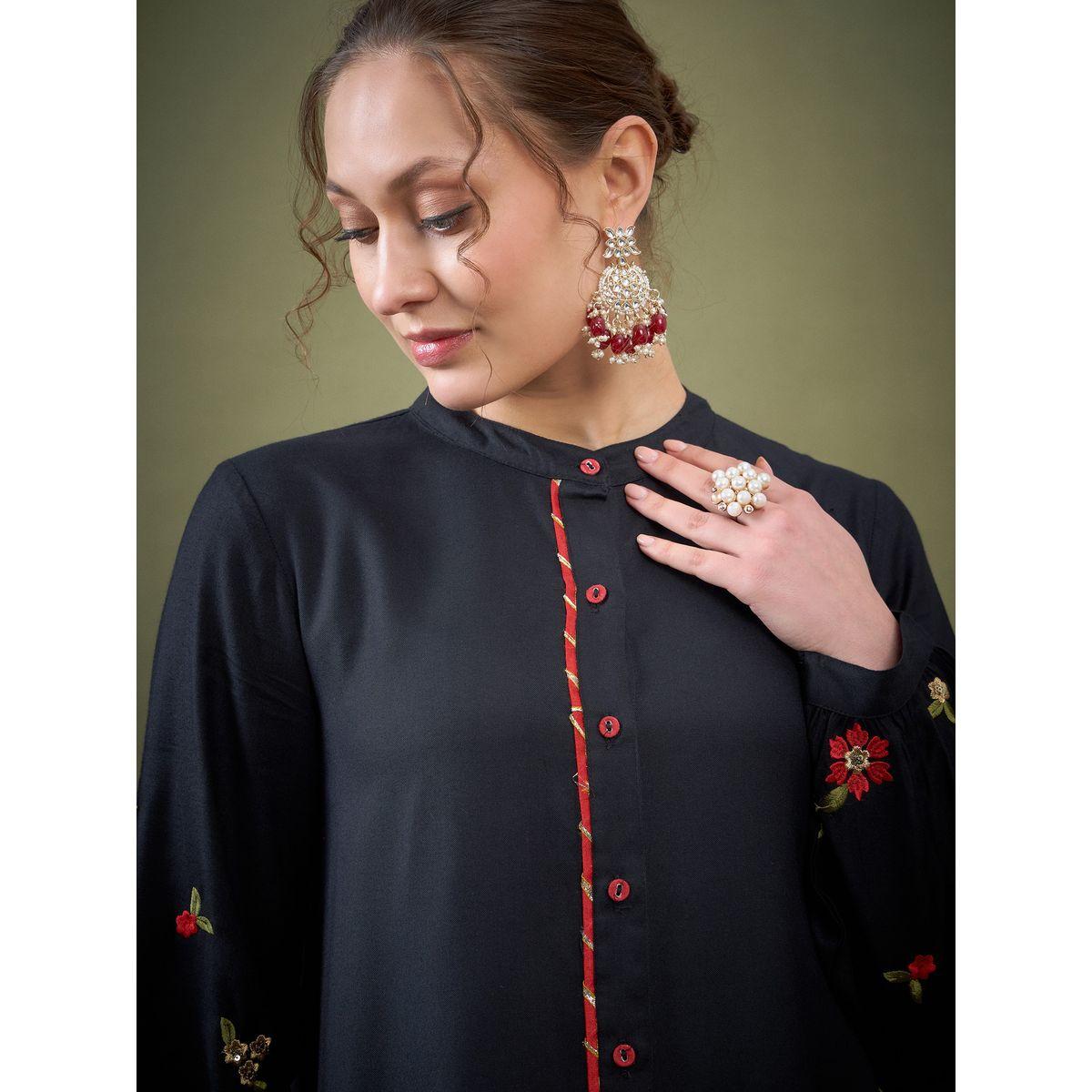Sassafras X Styli   Floral Embroidered Sleeve Mandarin Collar Shirt & Pants Co-Ord-women-clothing-coordsets-image-4