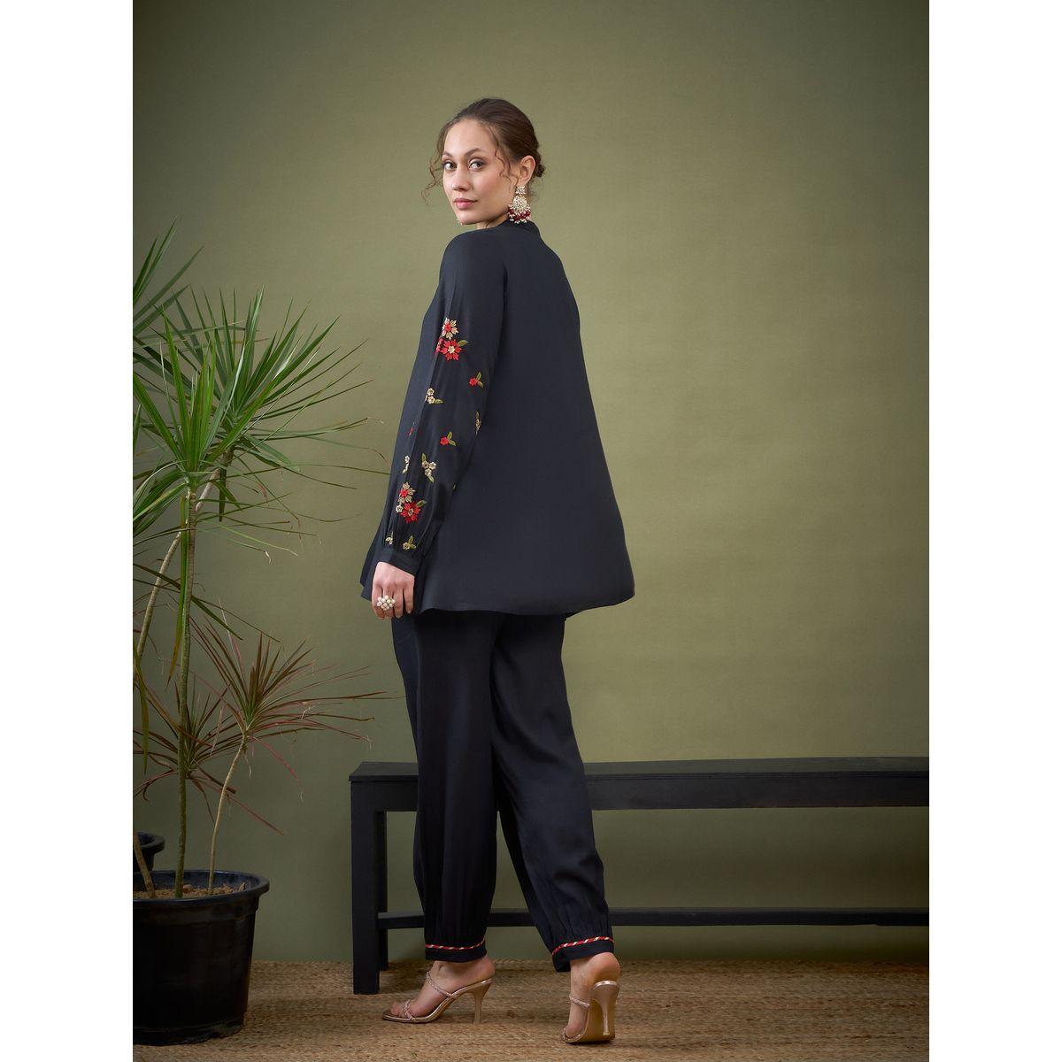 Sassafras X Styli   Floral Embroidered Sleeve Mandarin Collar Shirt & Pants Co-Ord-women-clothing-coordsets-image-6