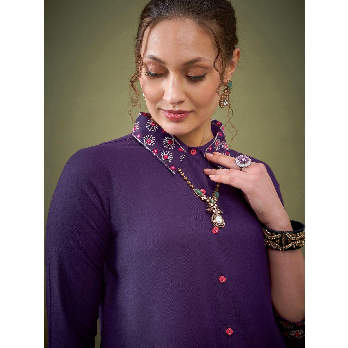 Sassafras X Styli   Embroidered Collar Shirt & Pants Co-Ord-women-clothing-coordsets-image-4