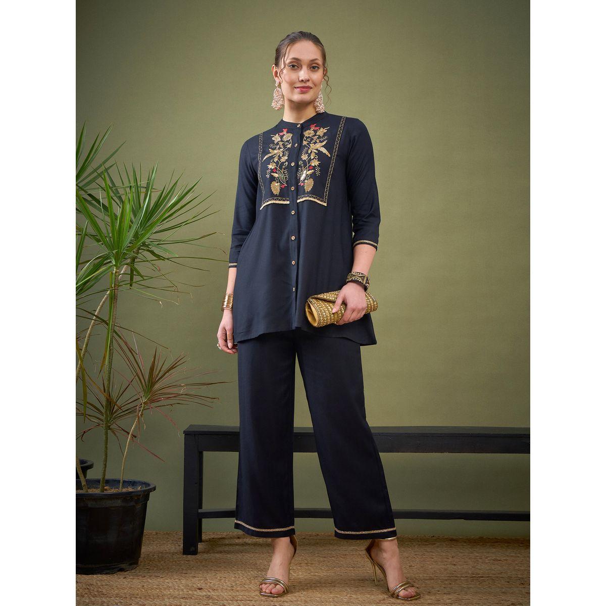 مجموعة من بنطال مع بلوزة بياقة ماندارين ساسافراس × ستايلي-women-clothing-coordsets-image-5