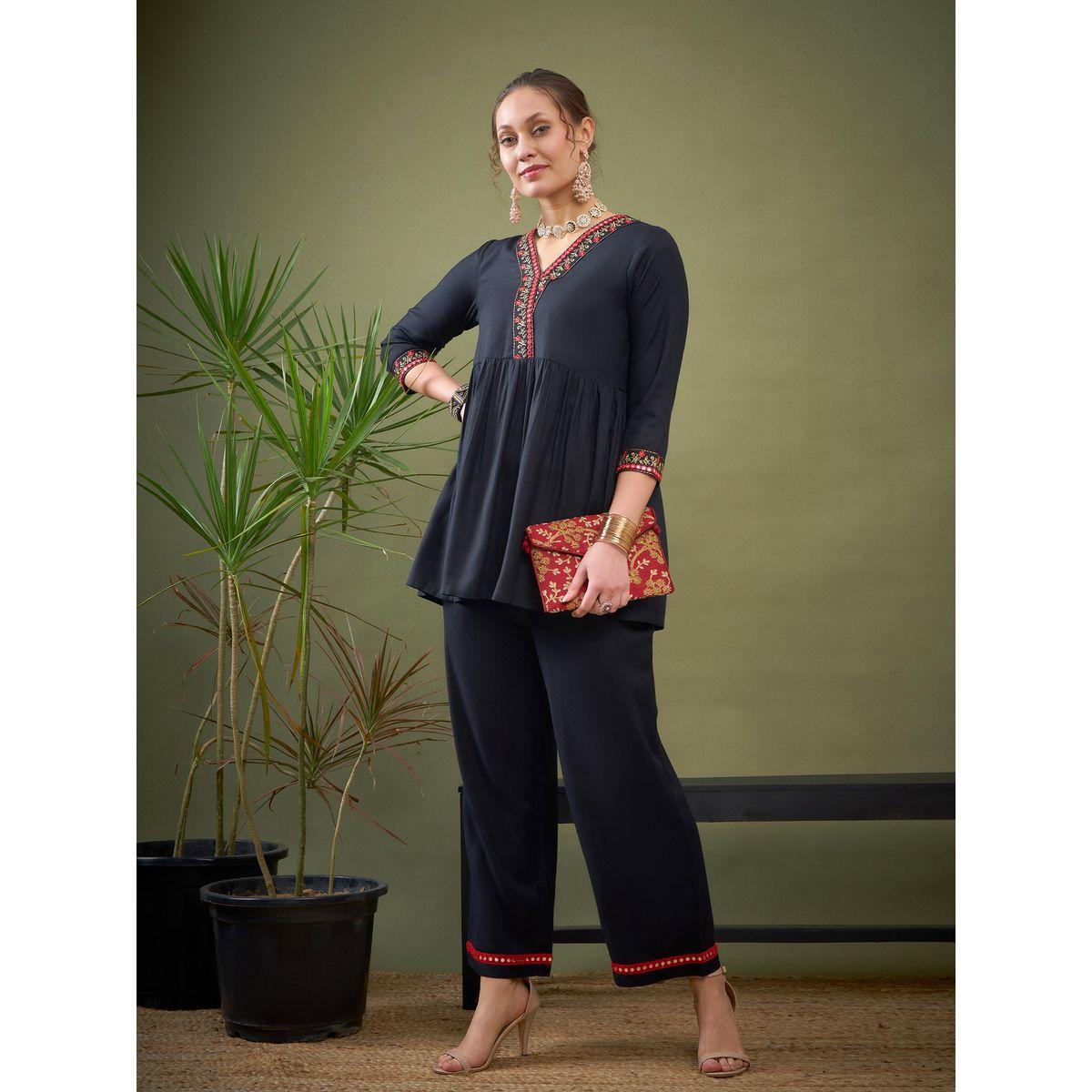 Sassafras X Styli   Embroidered Hem Peplum Top & Pants Co-Ord-women-clothing-coordsets-image-1