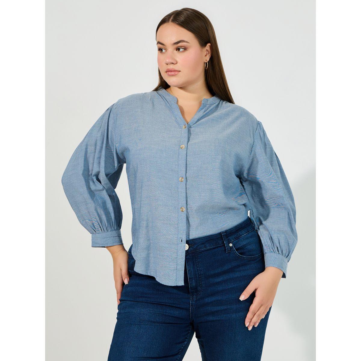 بلوزة بمقاس كبير وياقة قائمة-women-clothing-shirtsandblouses-shirts-image-1