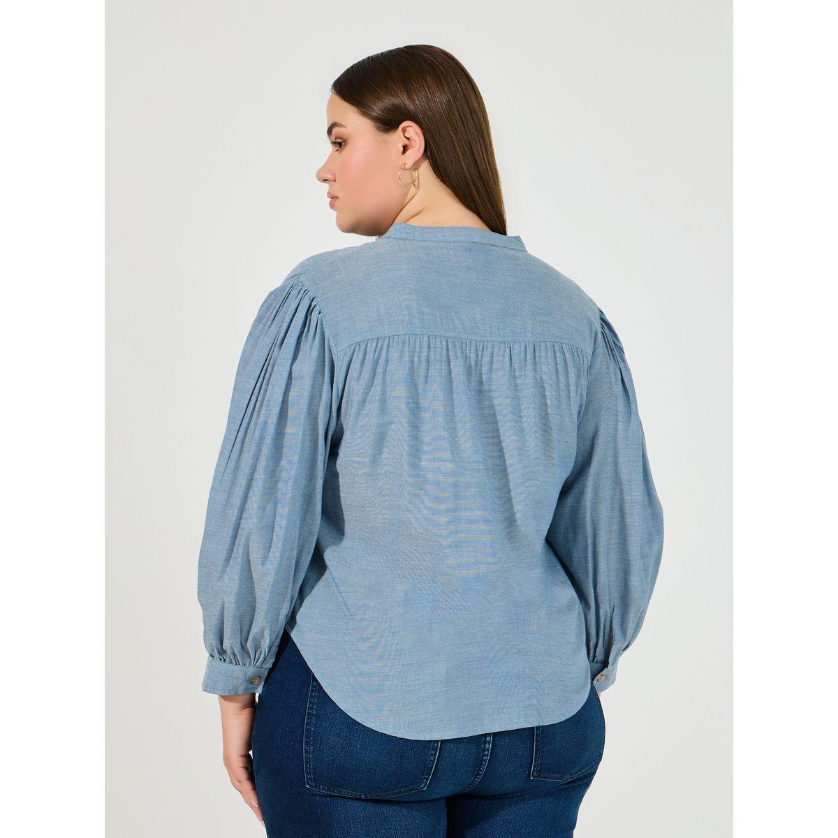 Styli Plus Size Solid Cotton Chambray Stand Collar Shirt-women-clothing-shirtsandblouses-shirts-image-5