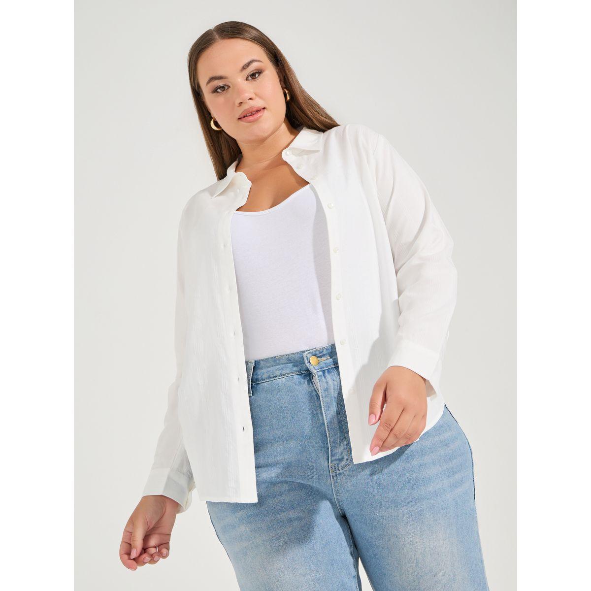 Styli Plus Size Solid Cotton Cuffed Sleeve Button Down Shirt-women-clothing-shirtsandblouses-shirts-image-1