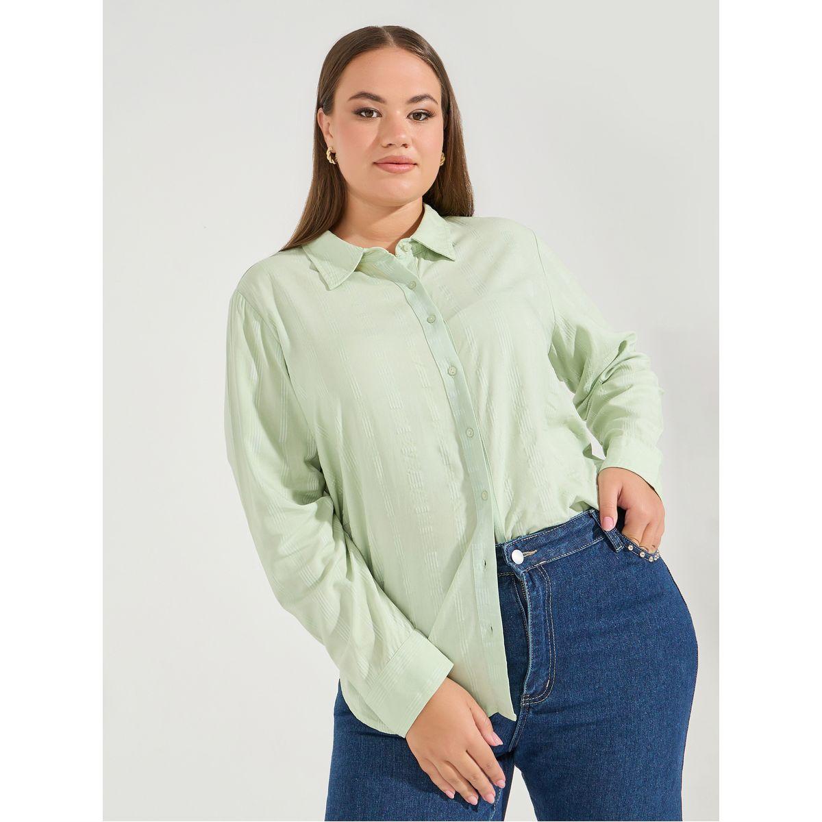 Styli Plus Size Solid Cotton Cuffed Sleeve Button Down Shirt-women-clothing-shirtsandblouses-shirts-image-1