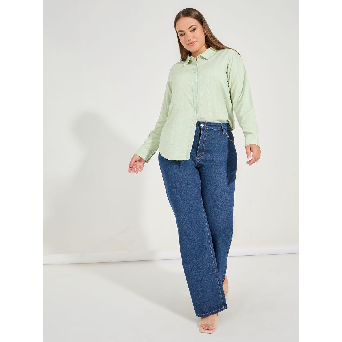 Styli Plus Size Solid Cotton Cuffed Sleeve Button Down Shirt-women-clothing-shirtsandblouses-shirts-image-2