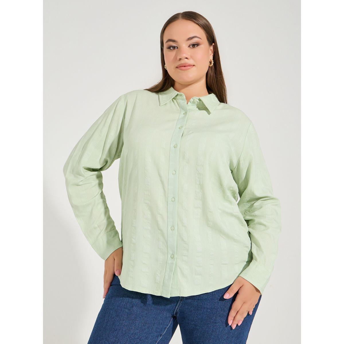 Styli Plus Size Solid Cotton Cuffed Sleeve Button Down Shirt-women-clothing-shirtsandblouses-shirts-image-3