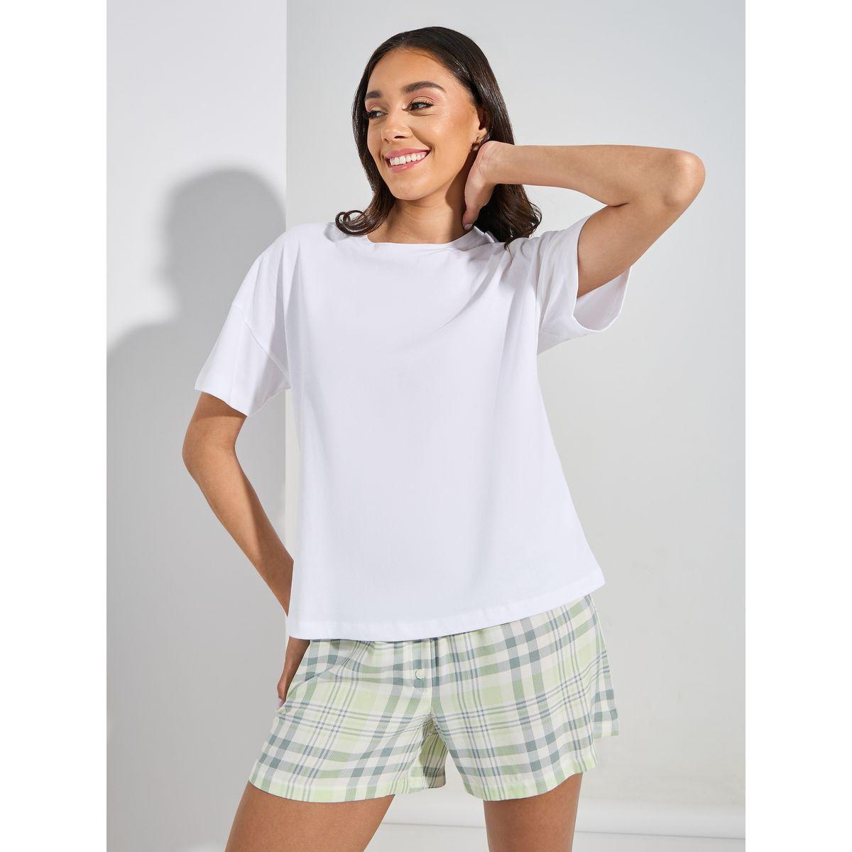 Styli Unwind Drop Shoulder Solid T-Shirt & Placket Detail Shorts Set-women-clothing-nightwear-pyjamas-shortsets-image-1