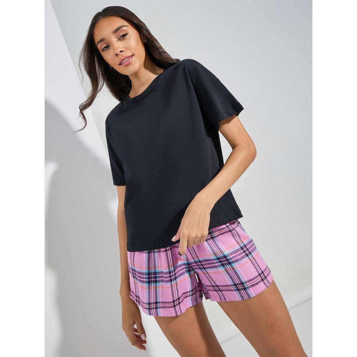 Styli Unwind Drop Shoulder Solid T-Shirt & Placket Detail Shorts Set-women-clothing-nightwear-pyjamas-shortsets-image-1