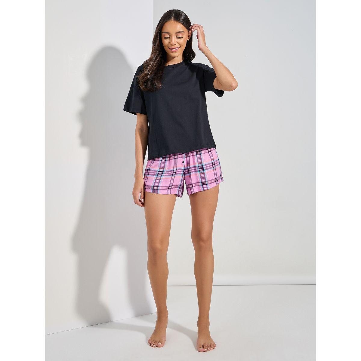 Styli Unwind Drop Shoulder Solid T-Shirt & Placket Detail Shorts Set-women-clothing-nightwear-pyjamas-shortsets-image-2