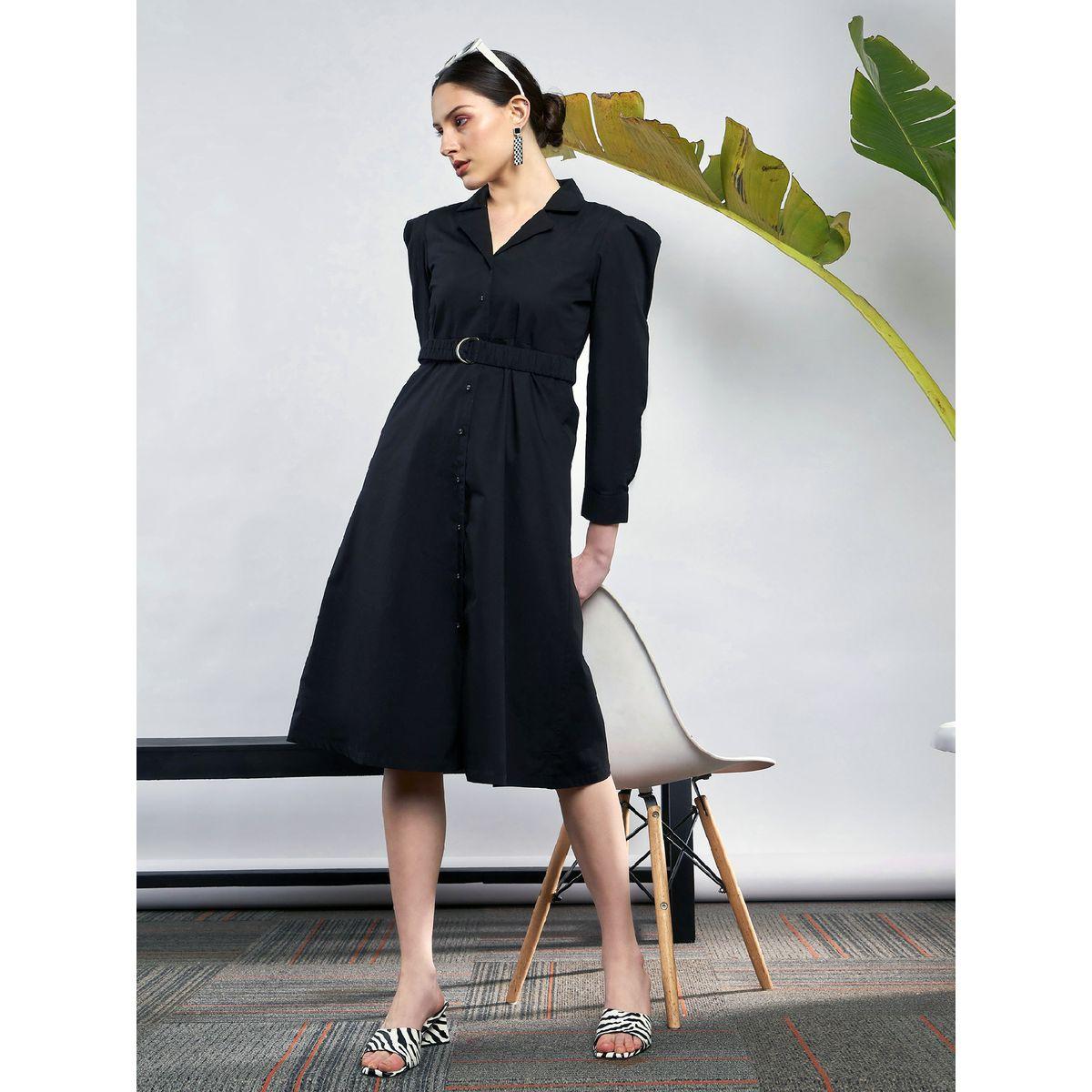 Sassafras X Styli  Poplin Ruched Belted Shirt Dress with Puff Sleeve-women-clothing-dresses-image-1