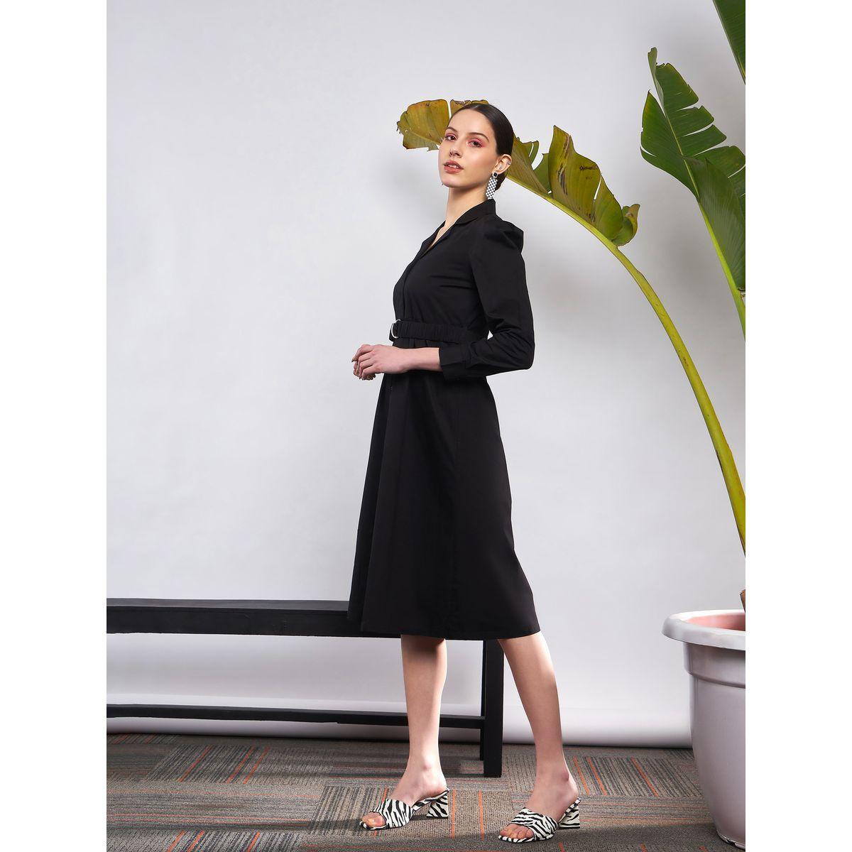 Sassafras X Styli  Poplin Ruched Belted Shirt Dress with Puff Sleeve-women-clothing-dresses-image-3