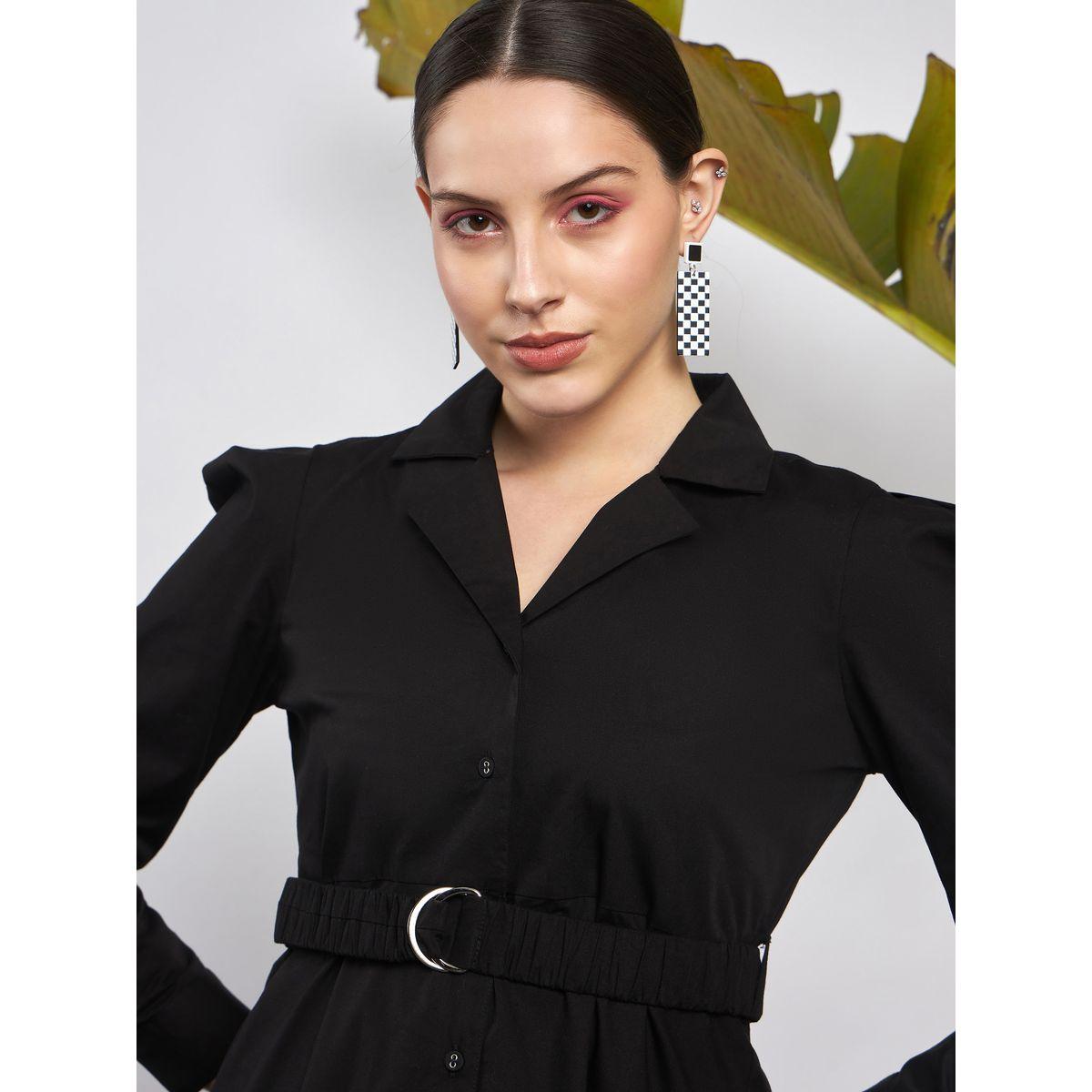 Sassafras X Styli  Poplin Ruched Belted Shirt Dress with Puff Sleeve-women-clothing-dresses-image-4