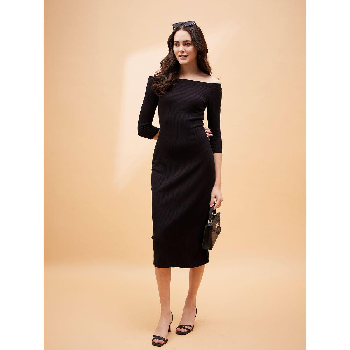 Sassafras X Styli  Ribbed Off Shoulder Neck Bodycon Midi Dress-women-clothing-dresses-image-1