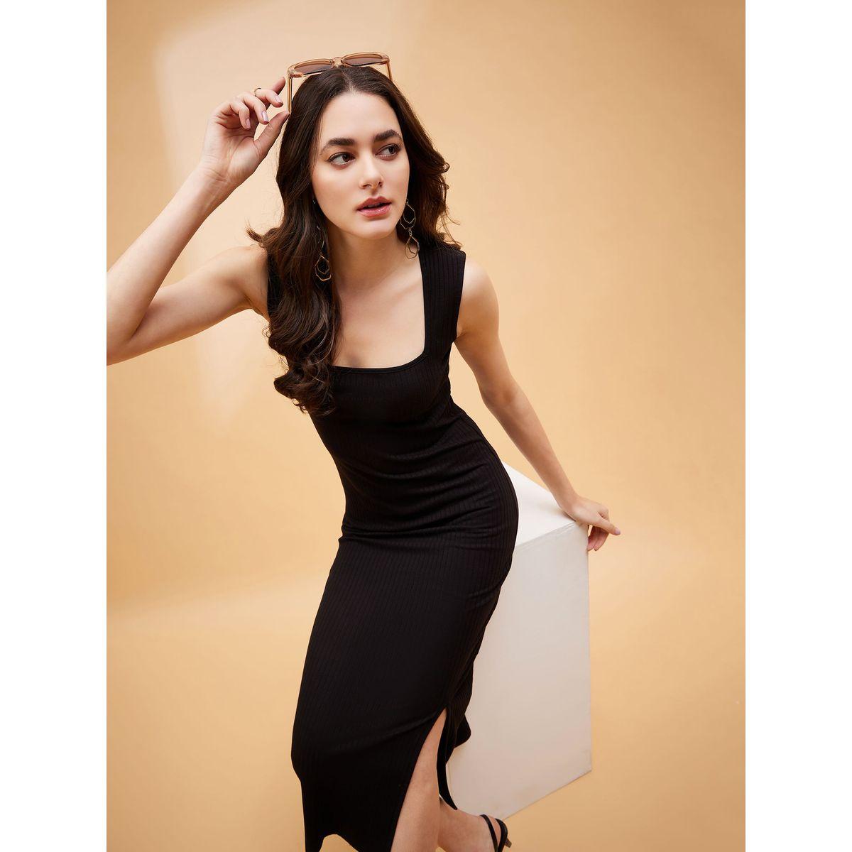 Sassafras X Styli  Ribbed Bodycon Midi Dress with Side Slit-women-clothing-dresses-image-1