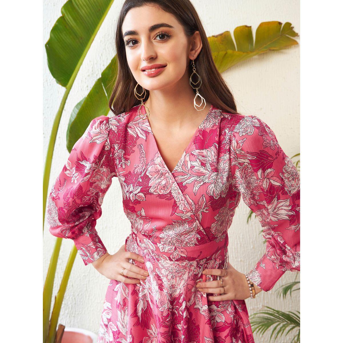 فستان بطول الركبة مطبع بزهور مع نمط لف ساسافراس × ستايلي-women-clothing-dresses-image-1