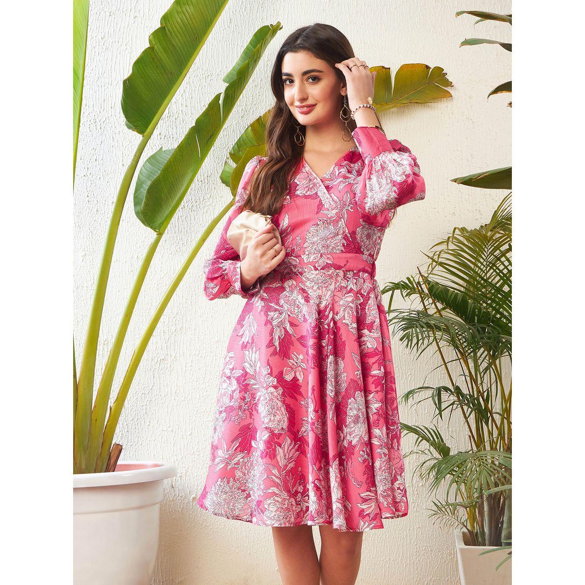 فستان بطول الركبة مطبع بزهور مع نمط لف ساسافراس × ستايلي-women-clothing-dresses-image-2