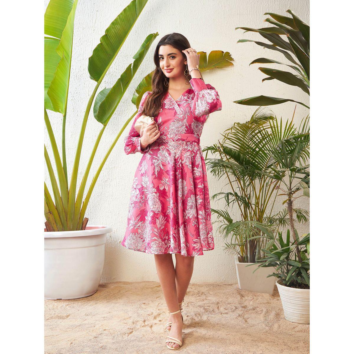 فستان بطول الركبة مطبع بزهور مع نمط لف ساسافراس × ستايلي-women-clothing-dresses-image-3