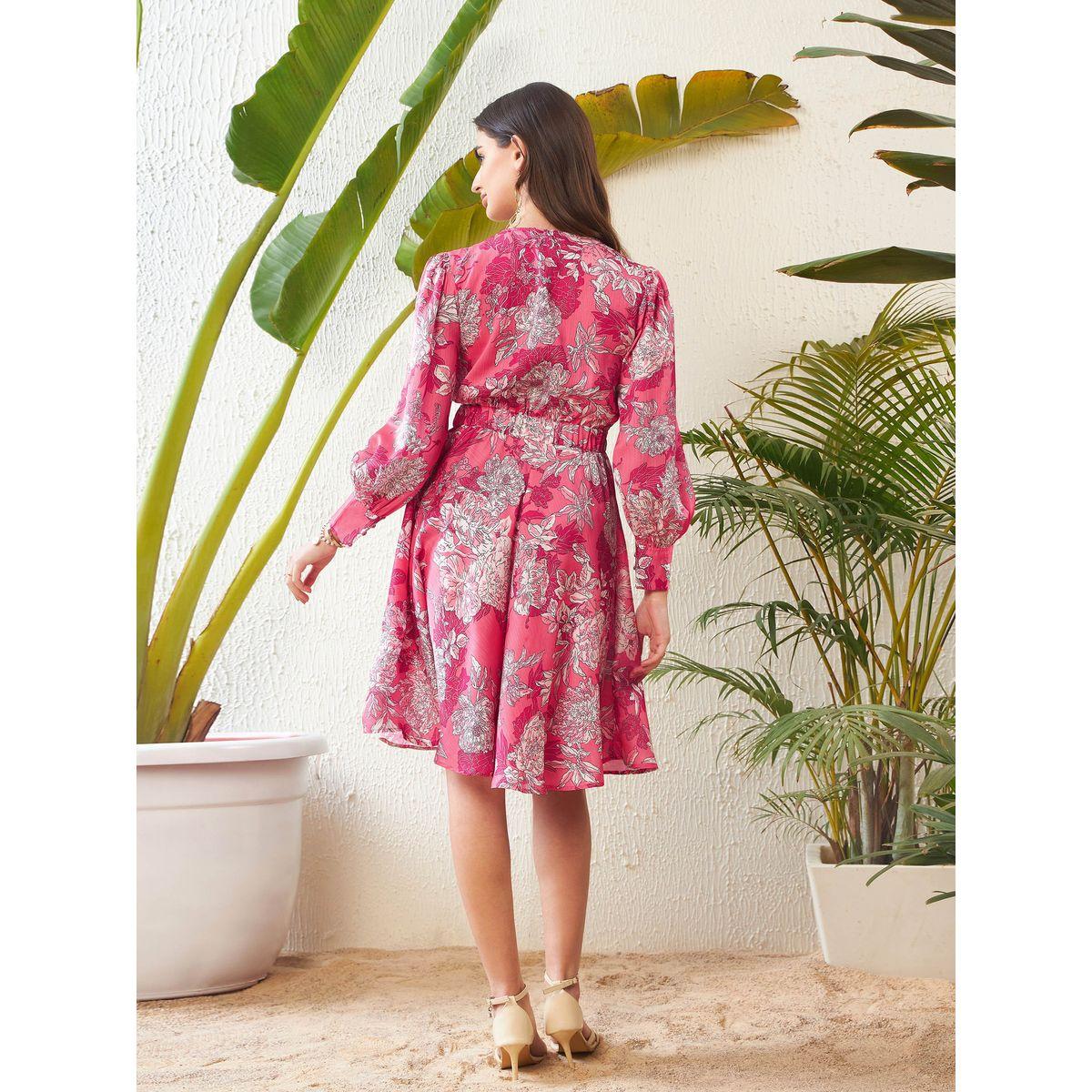 فستان بطول الركبة مطبع بزهور مع نمط لف ساسافراس × ستايلي-women-clothing-dresses-image-5